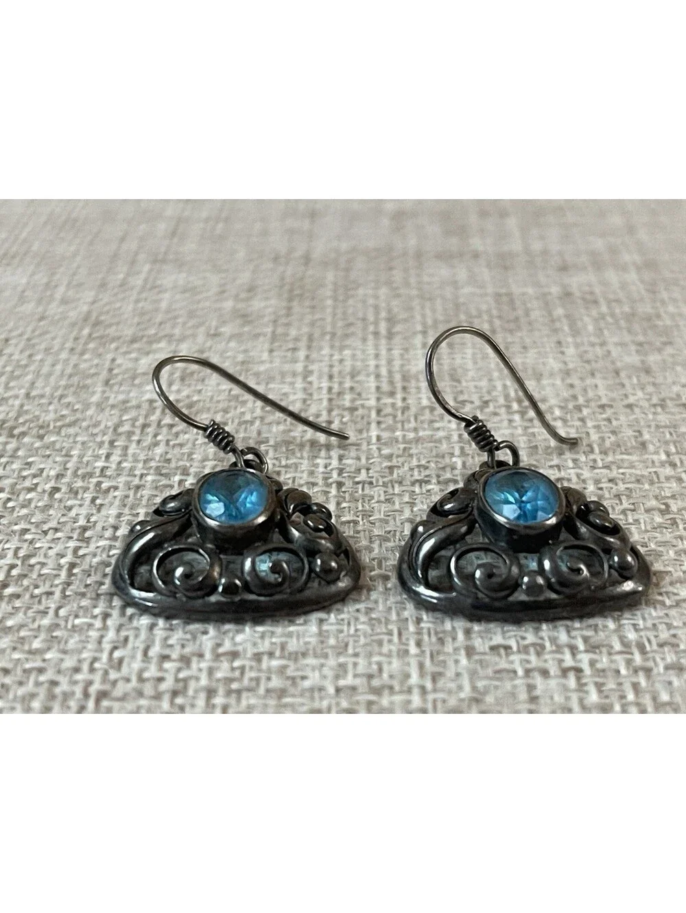 VTG Sterling Silver London Blue Topaz Filigree Drop Earrings 925 !!